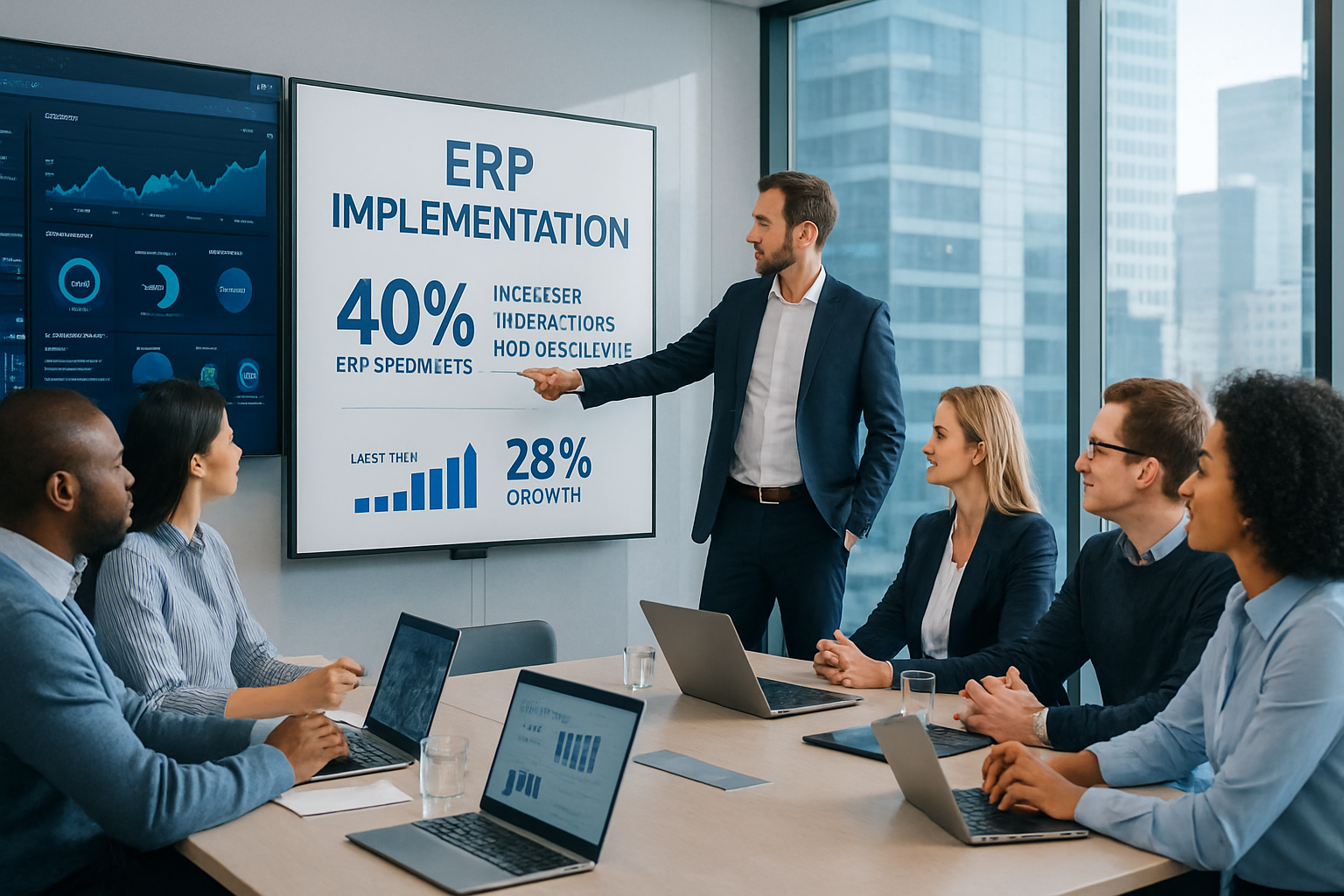 Bedrijf overlegt met ERP-consultant over Exact-implementatie, illustratie bij blog over het vinden van de juiste ERP-specialist.