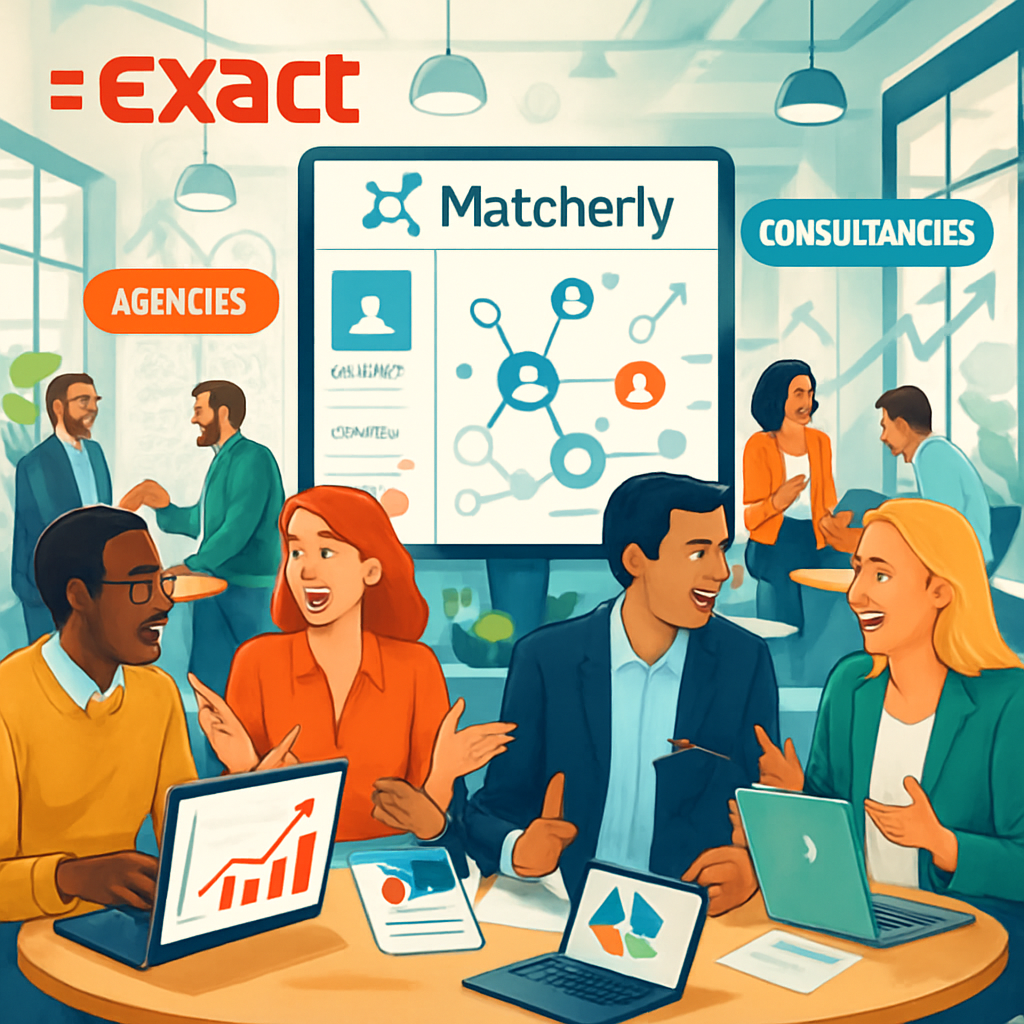 Twee agencies werken samen aan Exact-project in kantooromgeving, illustratie bij blog over samenwerking in het Exact-ecosysteem.